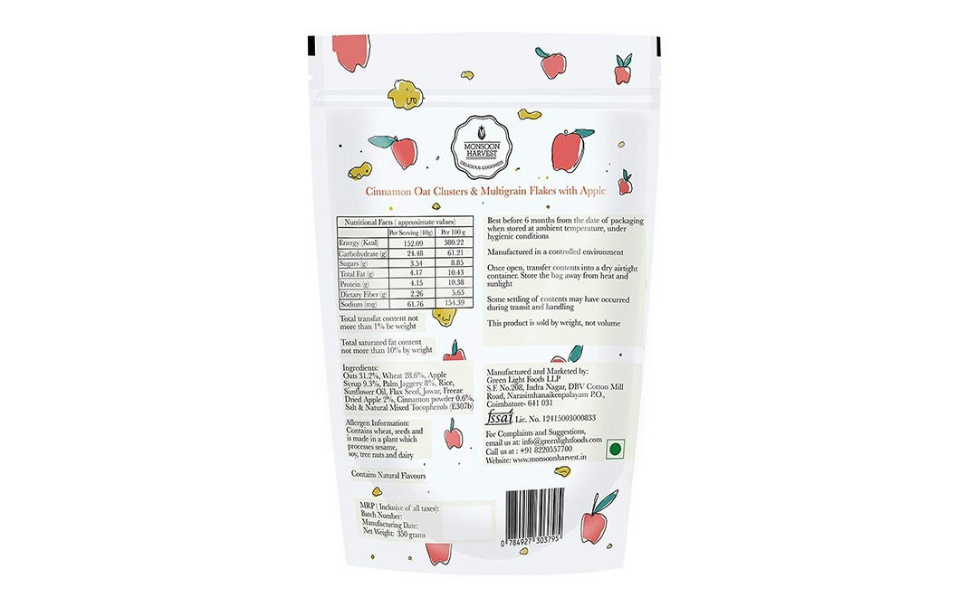Monsoon Harvest Cinnamon Oats Clusters & Multigrain Flakes With Apple   Pack  350 grams